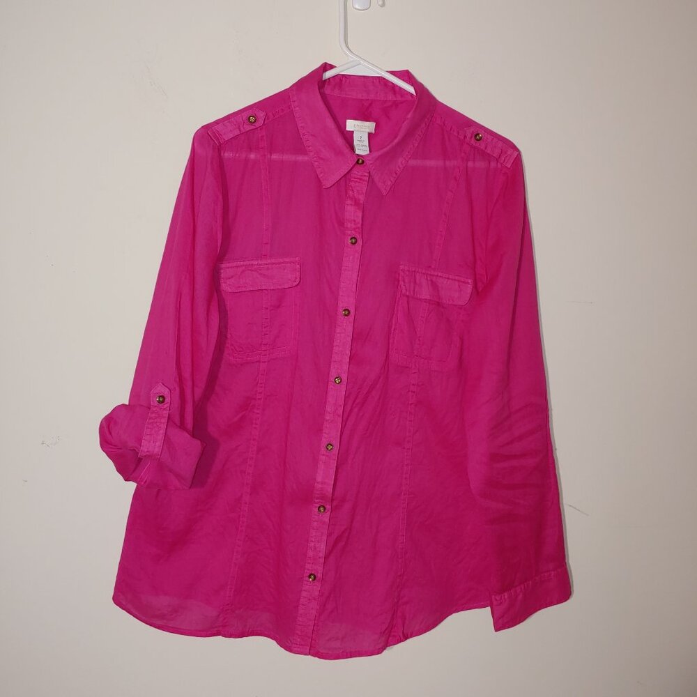 Chicos Long Sleeve Roll Tab Fuchsia Pink Cotton Blend Button Down Shirt  Sz 2